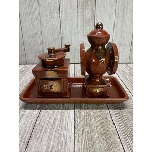 Vintage Salt & Pepper Shakers Coffee Mill Grinders Brown with Tray Japan